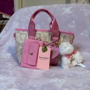 Juicy Couture Pink and Beige Logo Satchel with Card Wallet & Charm